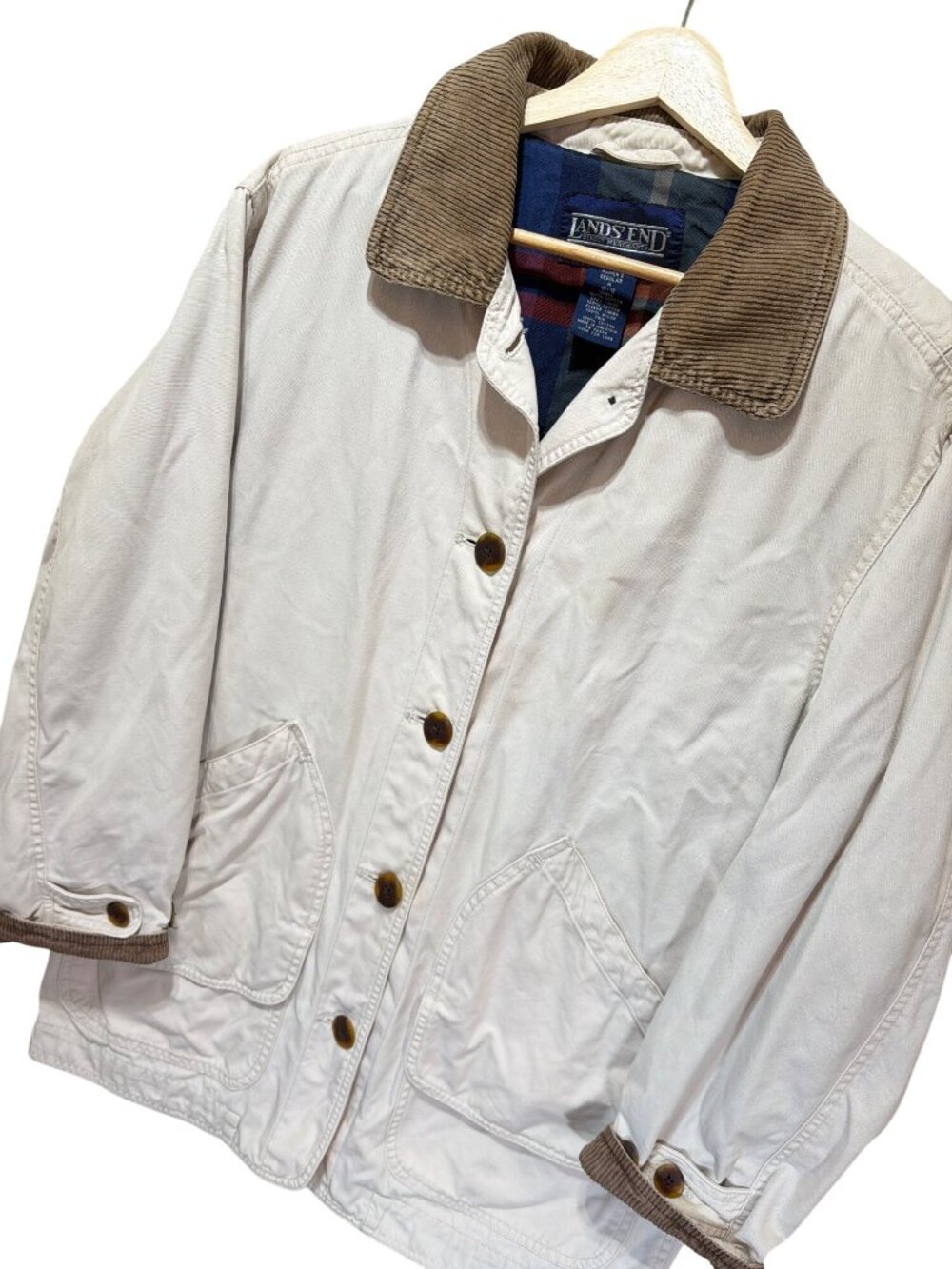 Lands End Vintage 90s Off White Chore Barn Coat With Brown Corduroy Collar Size